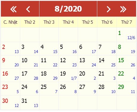 Lịch tháng 8 - Lịch tháng 8/2020 âm dương, xem ngày tốt xấu trong tháng